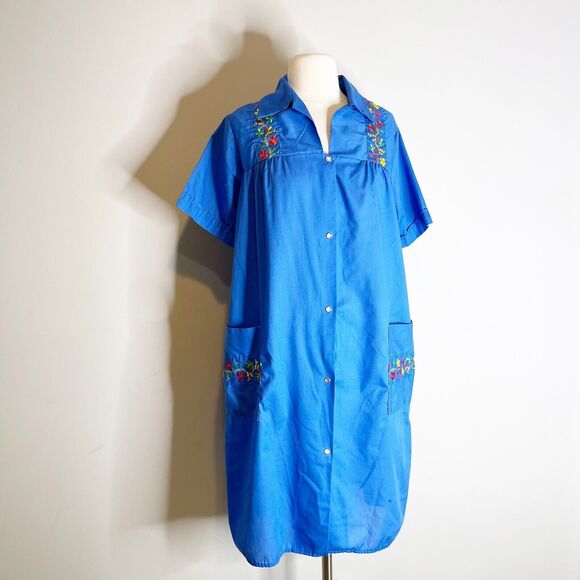 Vintage 70s 80s Artistic Creation Size Medium House Dress Blue Floral Embroidery - Picture 10 of 16